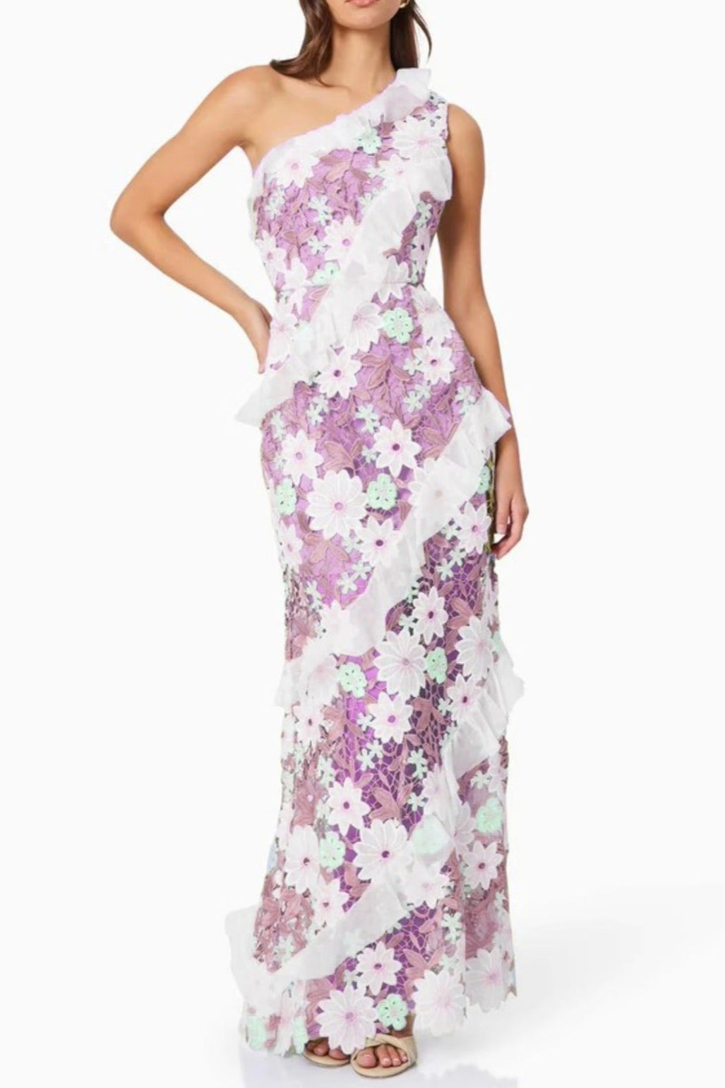Flowering Girl Women Floral One Shoulder Lace Maxi Dress In Purple