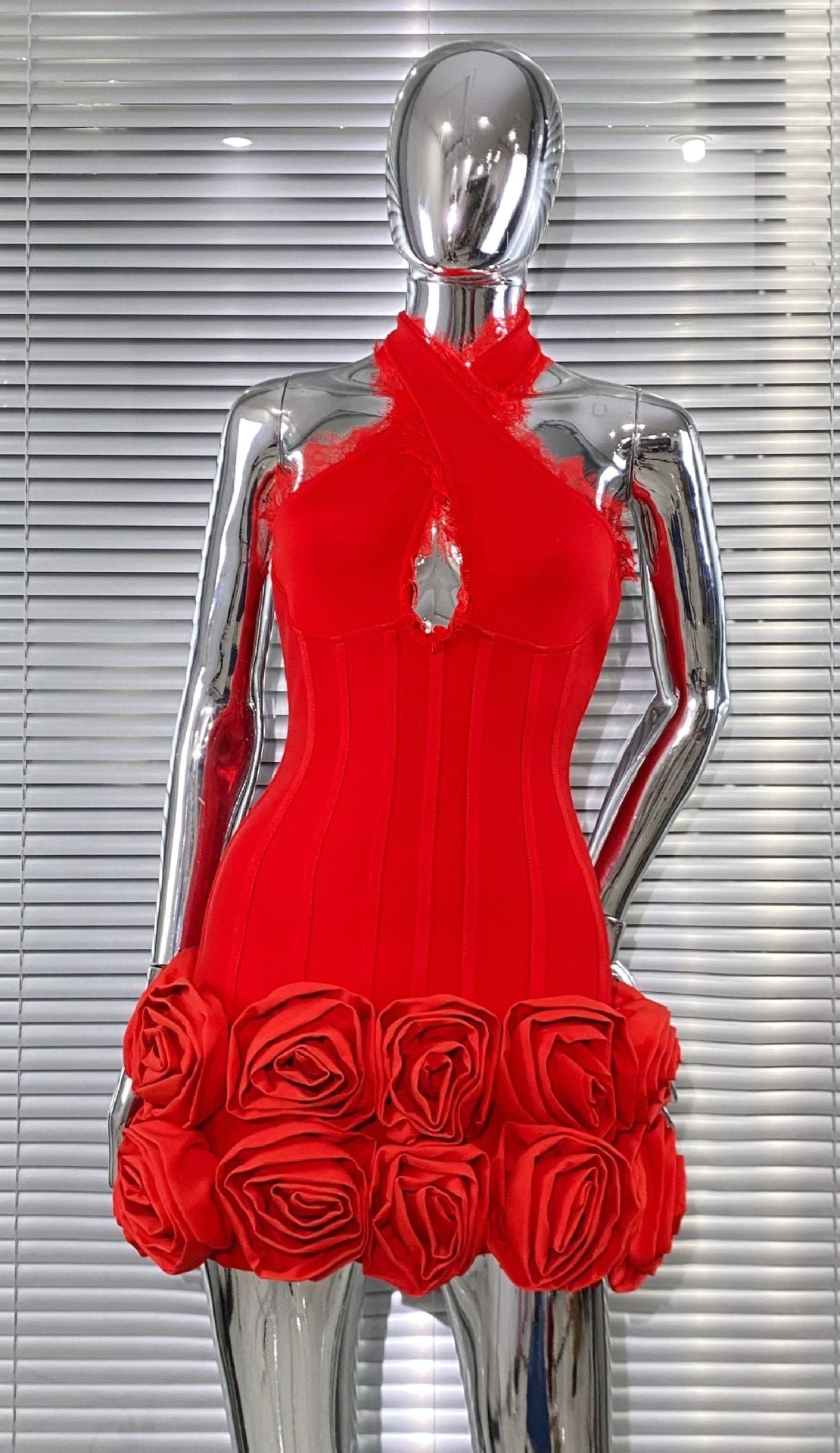 louise Halter Neck Flower Bandage Mini Dress in red