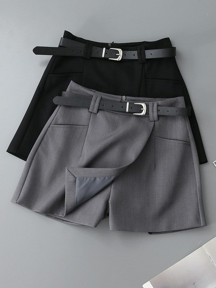 Flowering Girl Women Grey High Waist Business Formal Mini Skort Irregular Wrap Design with Matching Belt