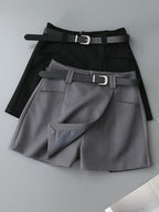 Flowering Girl Women Grey High Waist Business Formal Mini Skort Irregular Wrap Design with Matching Belt