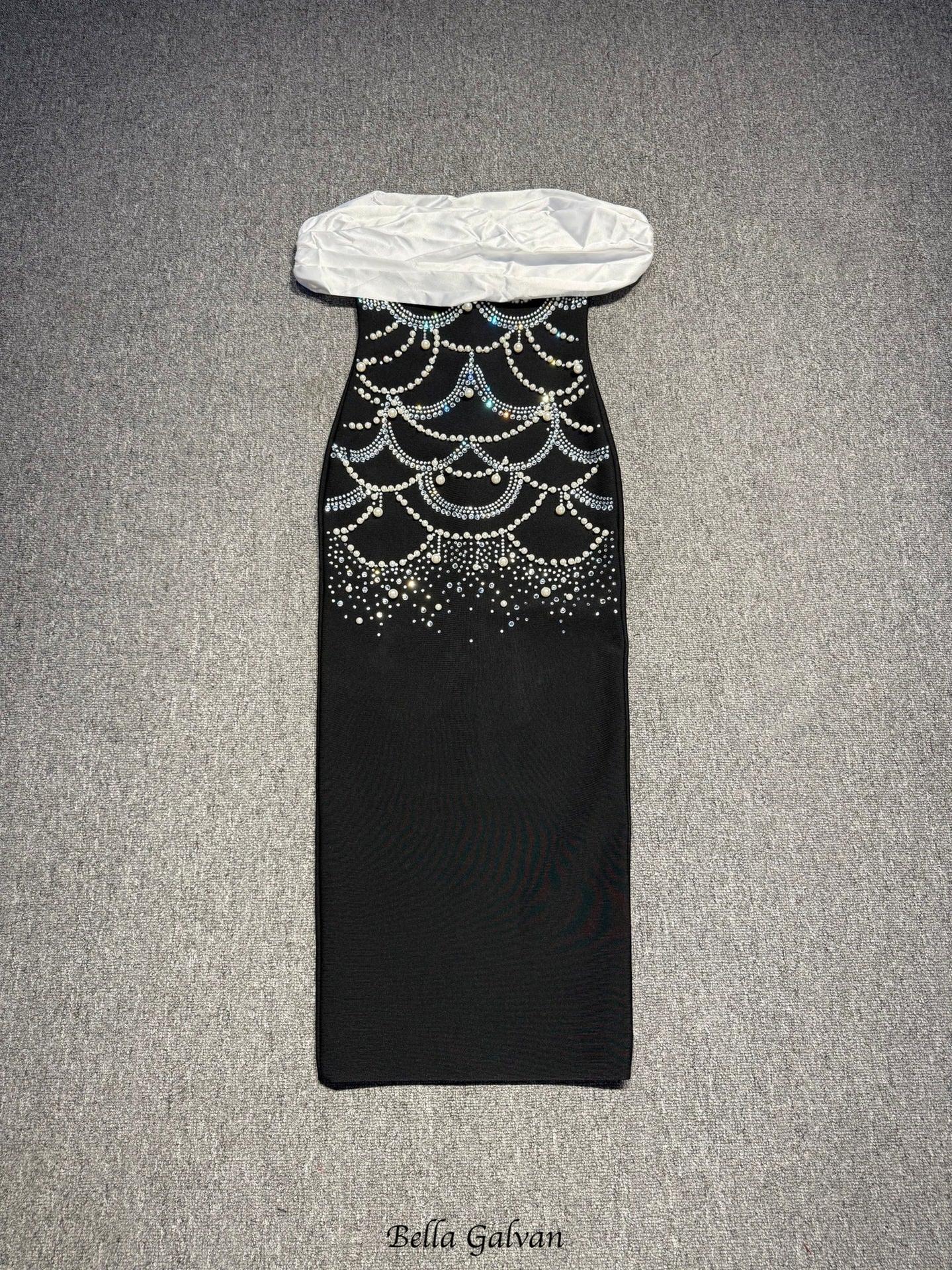 teresa beading rhinestone strapless midi dress in black