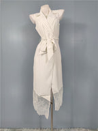 Sleeveless Striped Blazer Midi Dress with Lace Trim