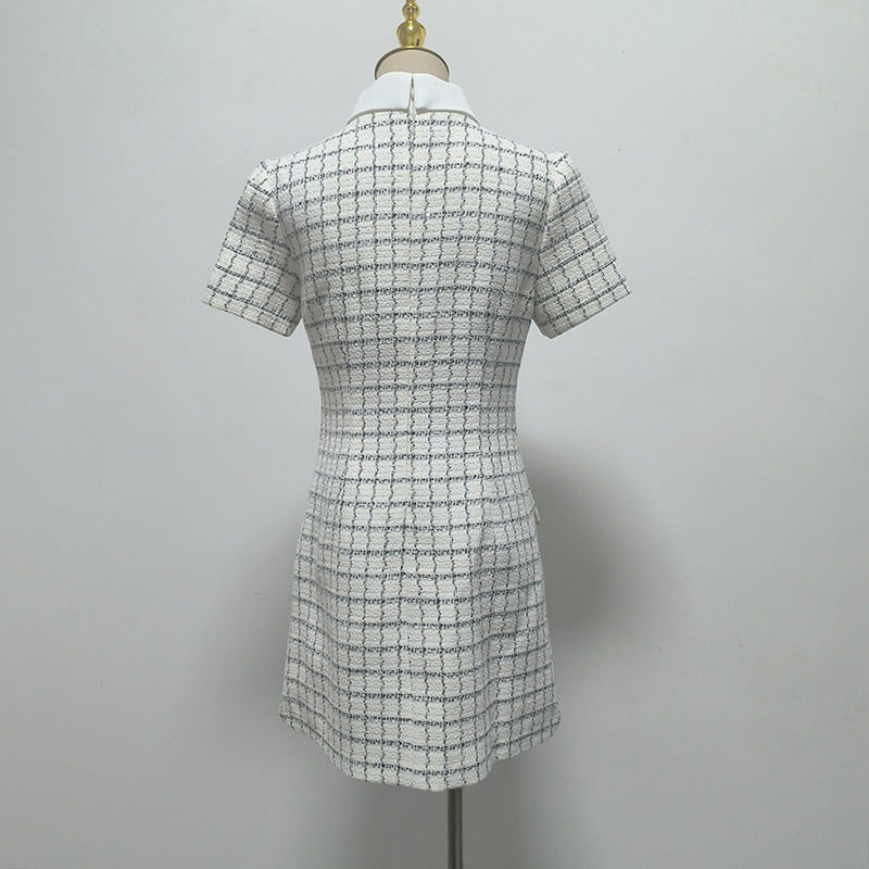 Flowering Girl Women Decorative Buttons Check Mini Dress In White