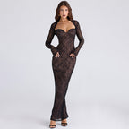 Flowering Girl Women black lace long sleeve cutout maxi dress