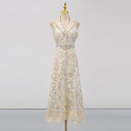 chloe sleeveless hollow lace maxi dress in beige