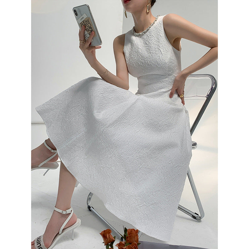 Ava Rhinestone Sleeveless Full Skirt Dress-White