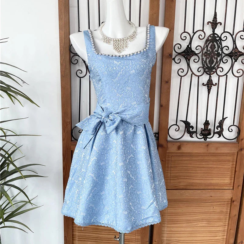 Beaded Square Neck Retro Jacquard Bow Strap Waist A-Line Mini Dress