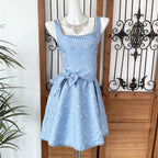Beaded Square Neck Retro Jacquard Bow Strap Waist A-Line Mini Dress