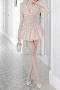 eileen Long-sleeve v-neck lace A-line mini dress in pink