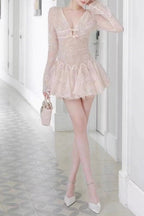 eileen Long-sleeve v-neck lace A-line mini dress in pink