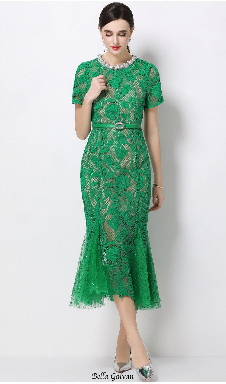Flowering Girl Women Rhinestone flower hollow lace fishtail midi dress - green
