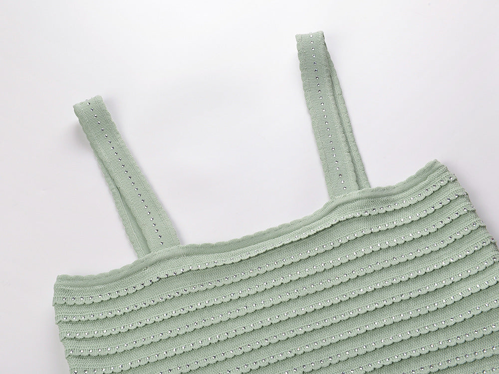 Flowering Girl Women Rhinestone Trim Knit Crop Top In Almond Green