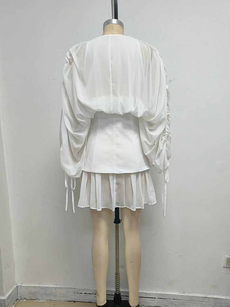 Flowering Girl Women trista white V-neck mesh pleated cinched waist with belt