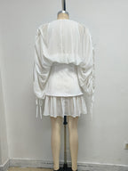 Flowering Girl Women trista white V-neck mesh pleated cinched waist with belt