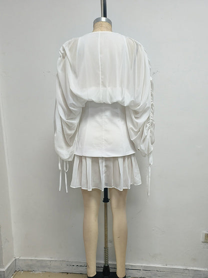 trista white V-neck mesh pleated cinched waist with belt