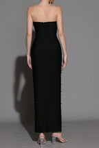 Flowering Girl Women Pearl Rhinestone Beaded Strapless Black Maxi Dress