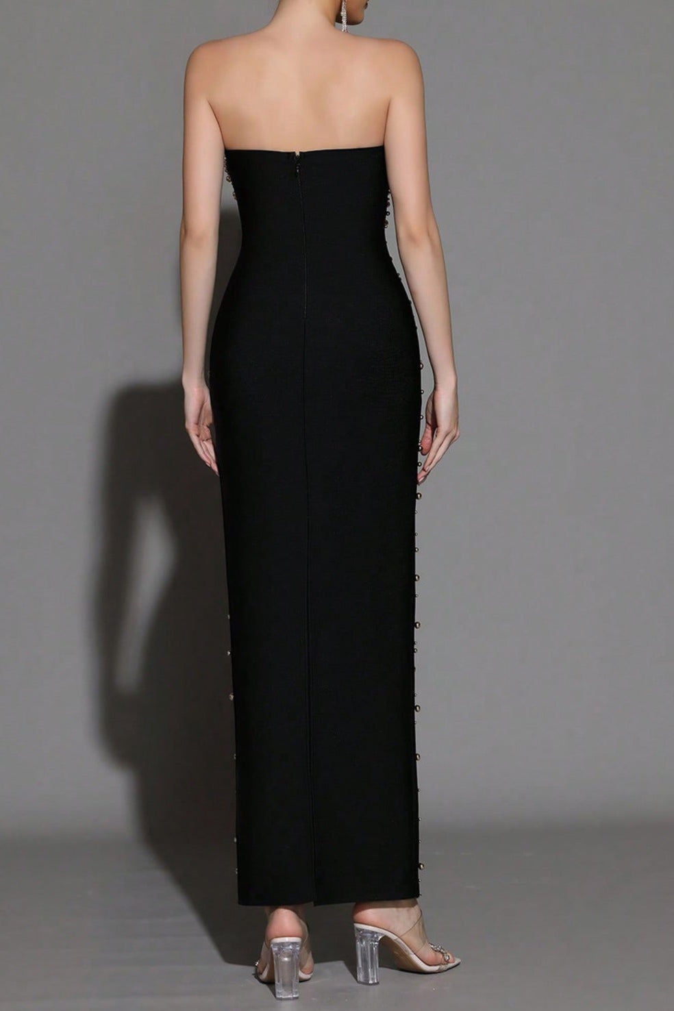 Flowering Girl Women Pearl Rhinestone Beaded Strapless Black Maxi Dress