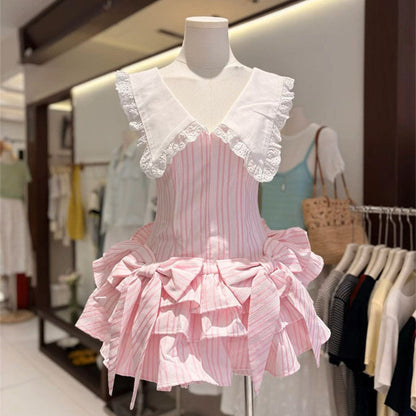 Nalaya Bow Stripe Puffy Mini Dress - Pink