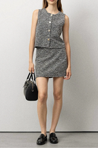 Flowering Girl Women mixed silver thread fine glitter gold button vest hip-hugging skirt