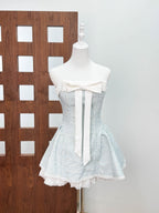 Bow woven lace tube top mini dress in pink