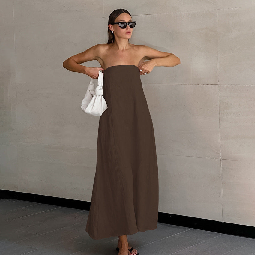 Flowering Girl Women cotton linen strapless A-line midi dress