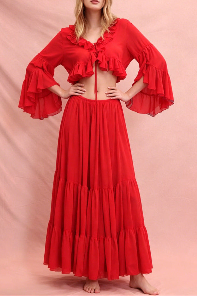Flowering Girl Women Ruffle cardigan crop top & maxi skirt set - red
