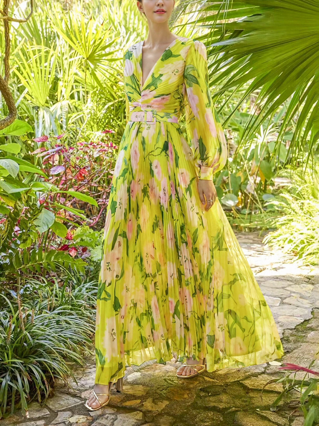 Yellow Floral Long Sleeves Pleated Patterned Dress