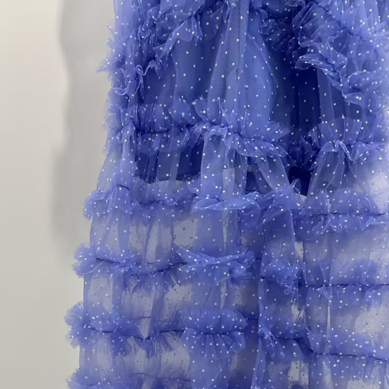 Flowering Girl Women v-neckline tiered mesh gown in blue