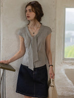 Flowering Girl Women plaid French slim-fit V-neck tied blouse