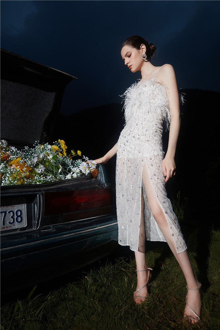 Masa White Haute Couture Feather Sequin Dress