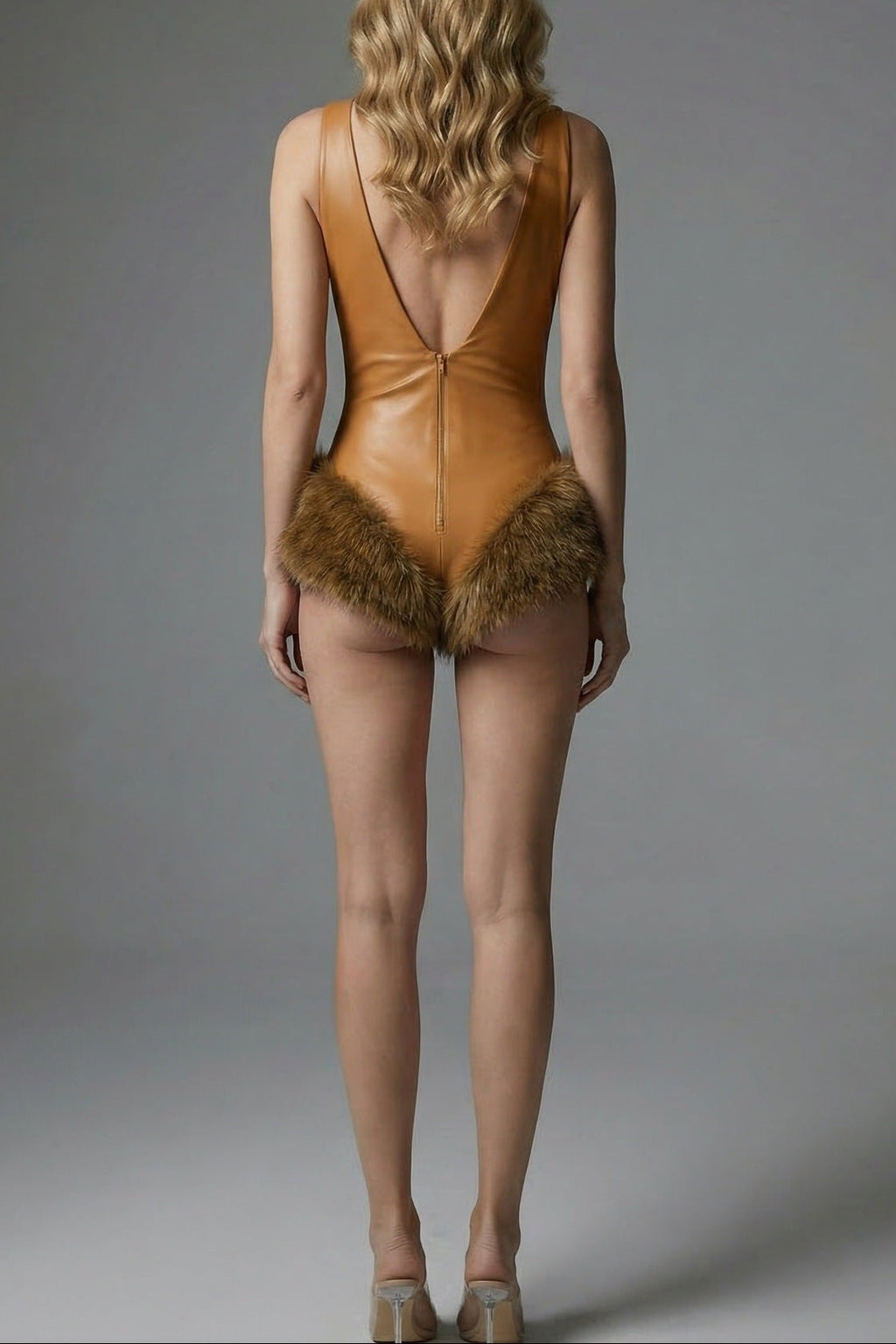 Flowering Girl Women ashley v-neck leather fur trim mini dress in brown