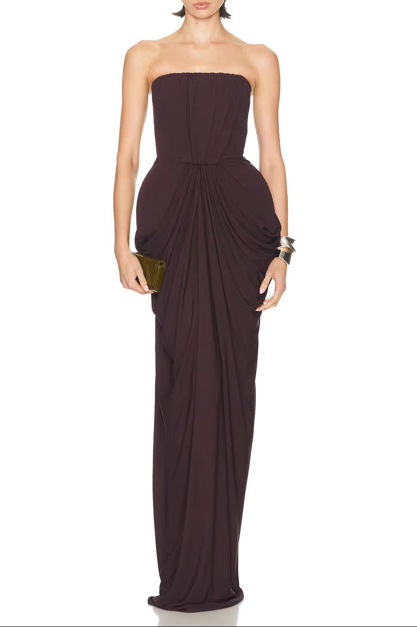 Simona Pleated Crepe Jersey Strapless Gown In Brown