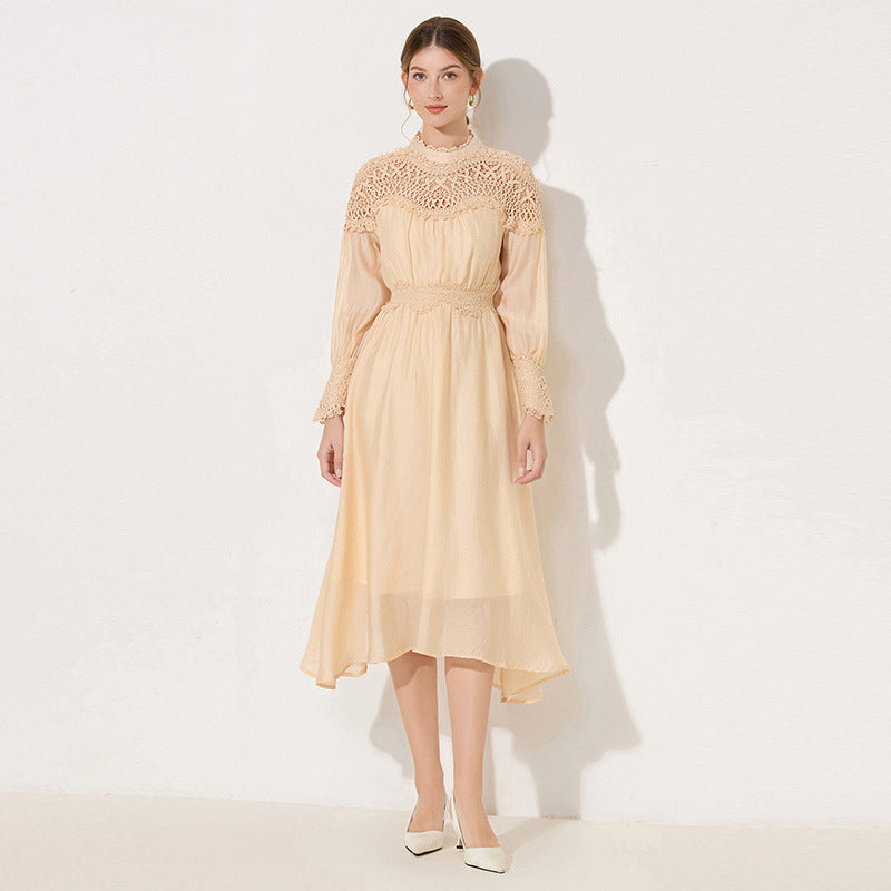 Cecilia Apricot Lantern Sleeves Openwork Wavy Trim Midi Dress