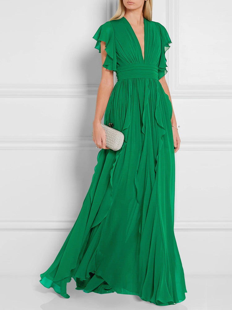 Green V-Neck Ruffle Maxi Dress