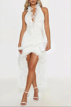 Flowering Girl Women marina ruffle trim halter bodycon mini dress - white