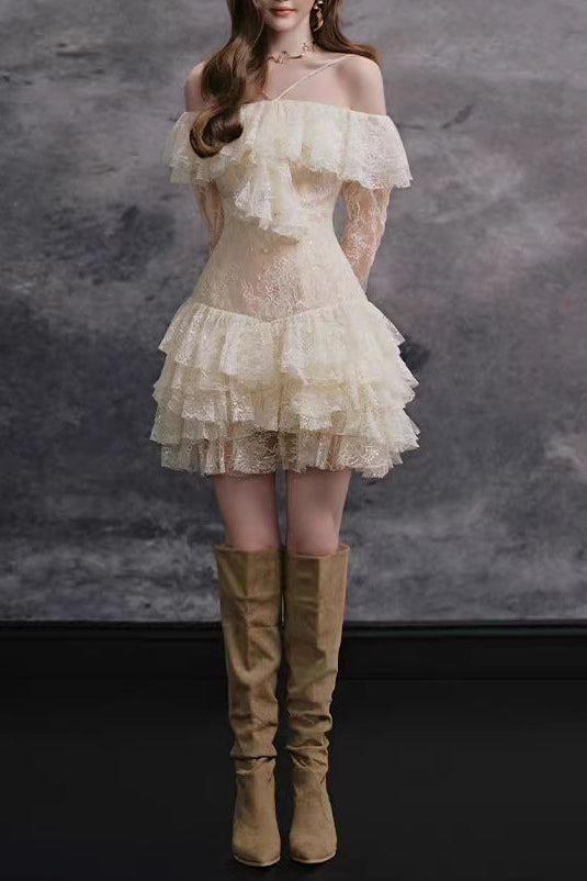 Flowering Girl Women Elisha Off Shoulder Lace Ruffle Mini Dress