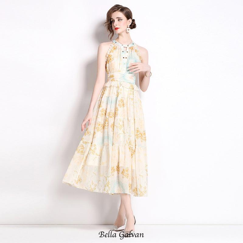 Flowering Girl Women elvira print sleeveless halterneck midi dress in yellow