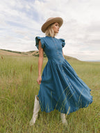 Flowering Girl Women Blue Denim Ruffle Cap Sleeve Button Front Flared Midi Dress