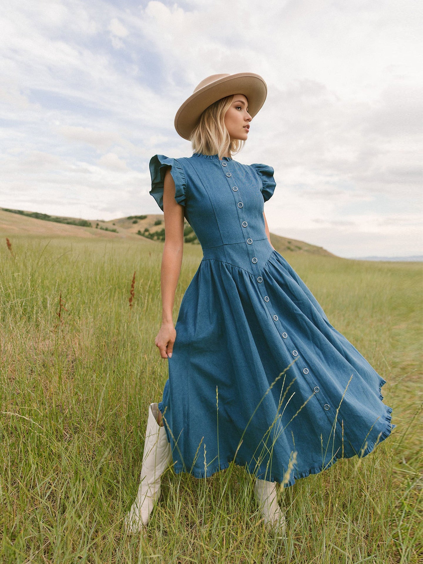 Flowering Girl Women Blue Denim Ruffle Cap Sleeve Button Front Flared Midi Dress