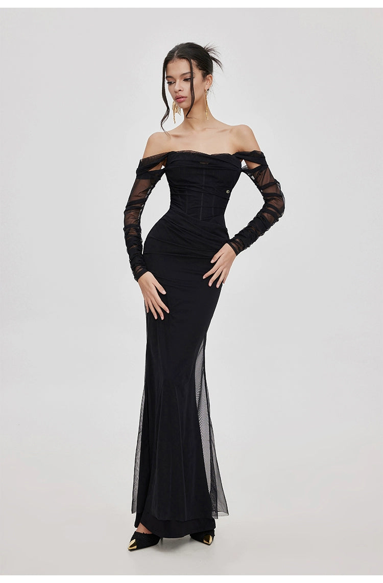 Ariel Black Mesh Off-Shoulder Mermaid Maxi Dress