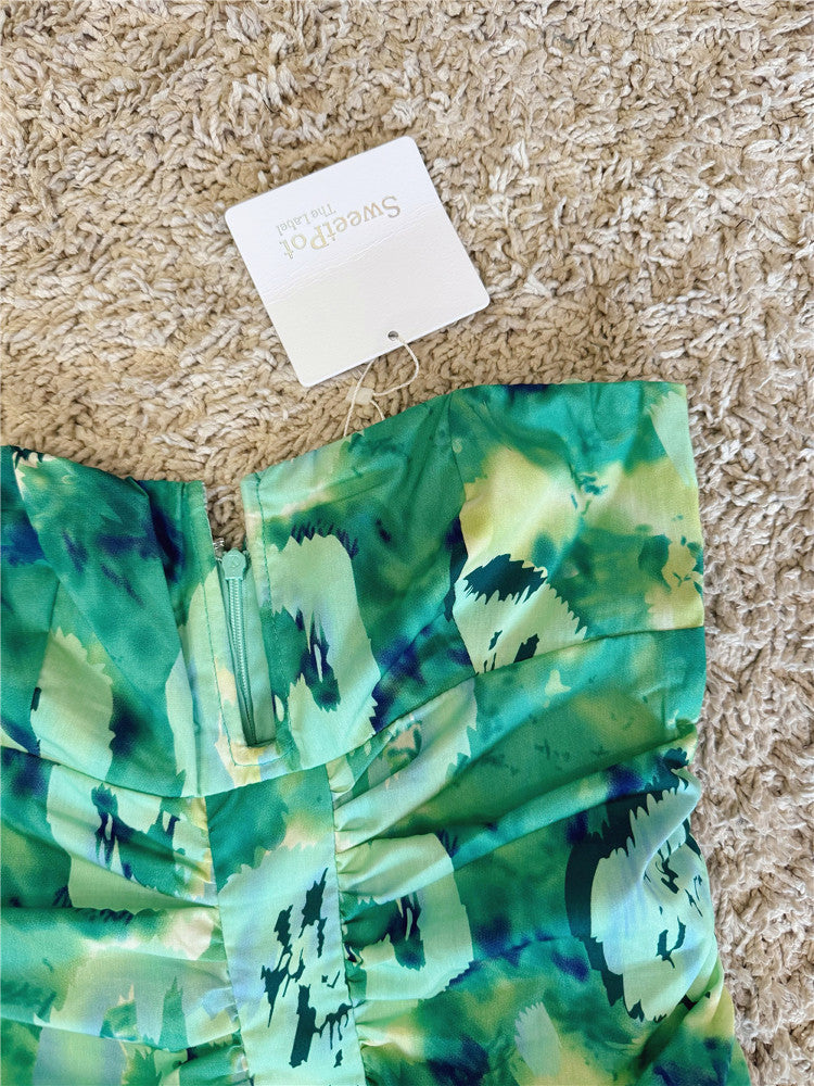 tie-dye gradient U-neck pleated wrap body bandeau dress