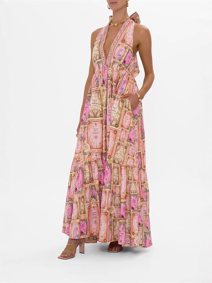 Flowering Girl Women V-neck halter neck printed maxi dress - pink