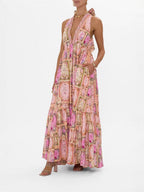 Flowering Girl Women V-neck halter neck printed maxi dress - pink