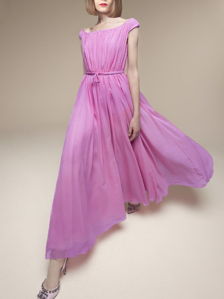 Pink One-Shoulder Pleated Dress
