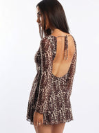 Flowering Girl Women leopard print mesh flared sleeve tie backless flared sleeve short dress