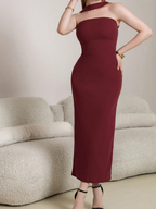 Flowering Girl Women red halterneck suspender red bandeau midi dress