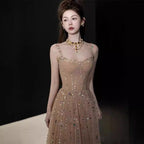 Nicola's Elegant Backless Halter Maxi Dress - Champagne