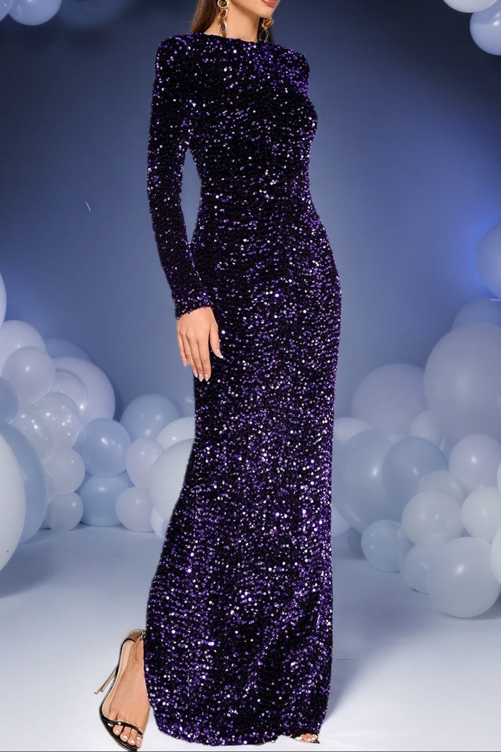Wallis Long Sleeve Split Hem Sequin Maxi Dress In Purple