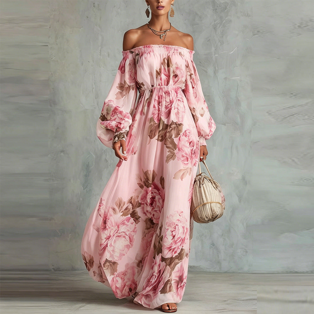 Flowering Girl Women off-shoulder Print lantern sleeve maxi dress