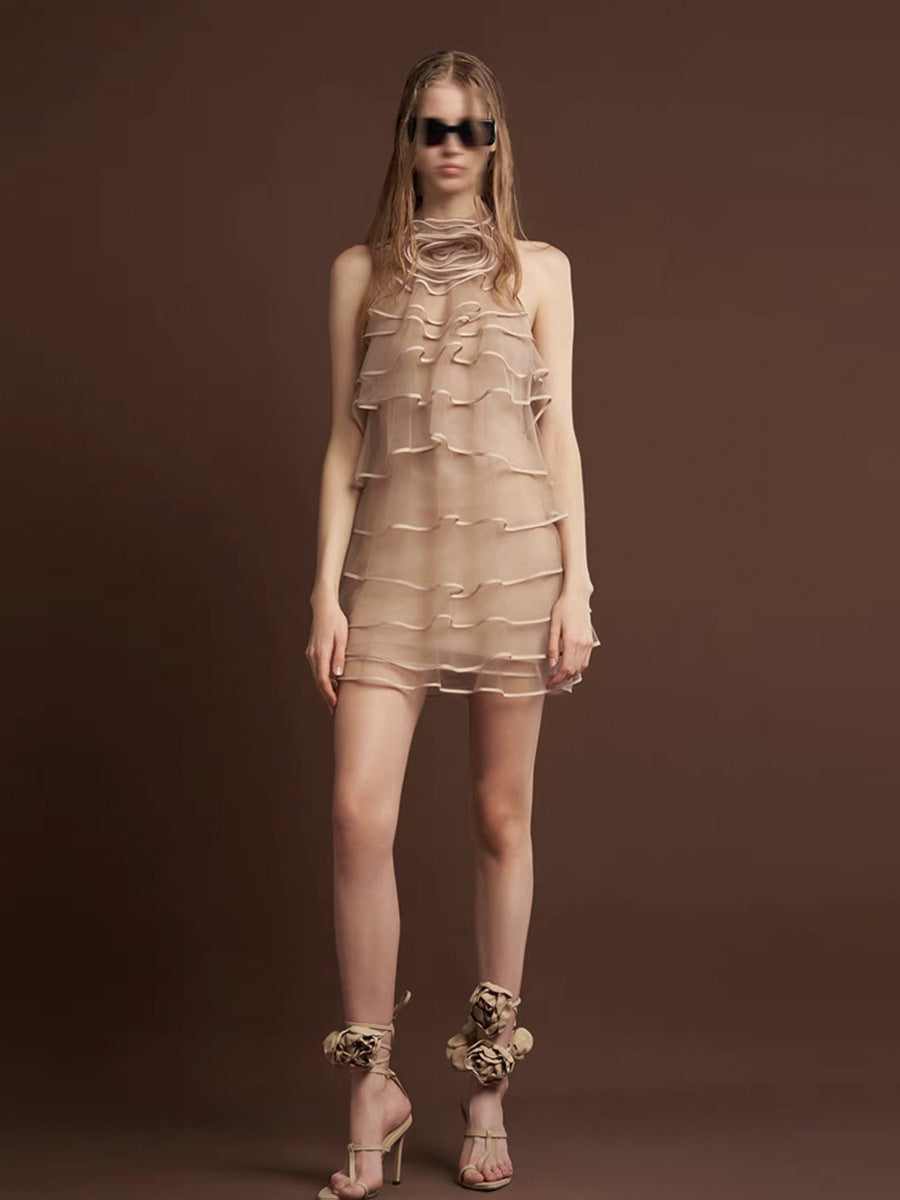Flowering Girl Women Chiffon Sleeveless Ruffle Mini Dress in khaki